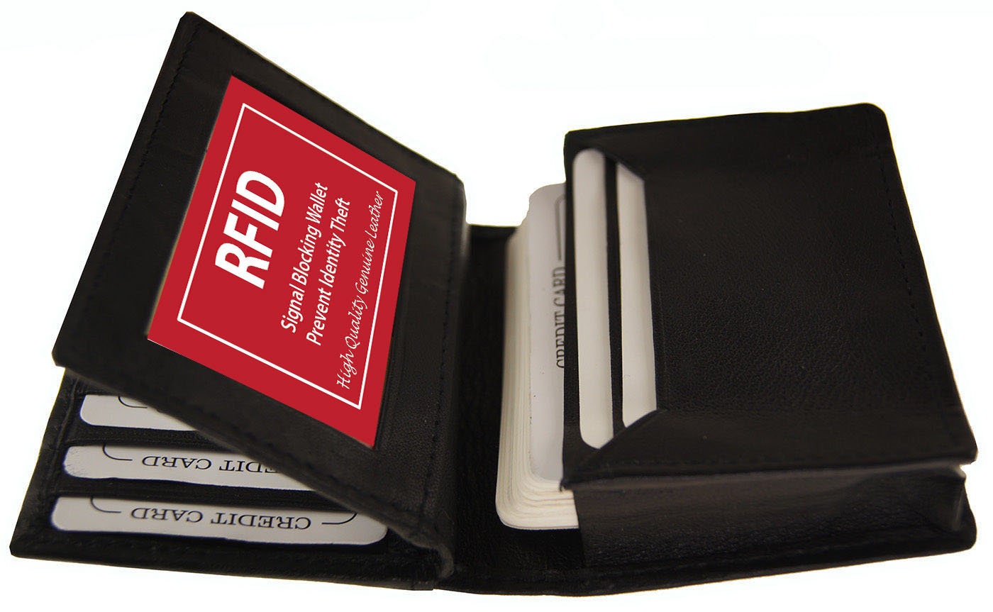 RFID Blocking Black Genuine Leather ID Credit Cards Pocket Business Center Flap Men's Wallet