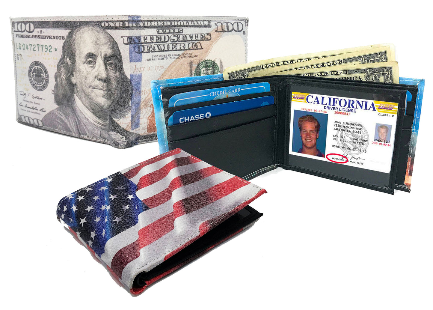 Novelty Design Genuine Leather Men's Bifold Wallet 100 Dollar Virgin Mary Jesus USA Flag Skull Judas Print