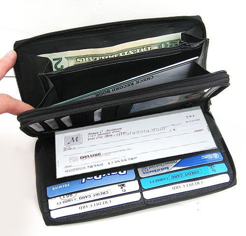 Genuine Leather Checkbook Secretary Accordion Wallet 2 Zipper Clutch Credit Card Organizer RFID Blocking