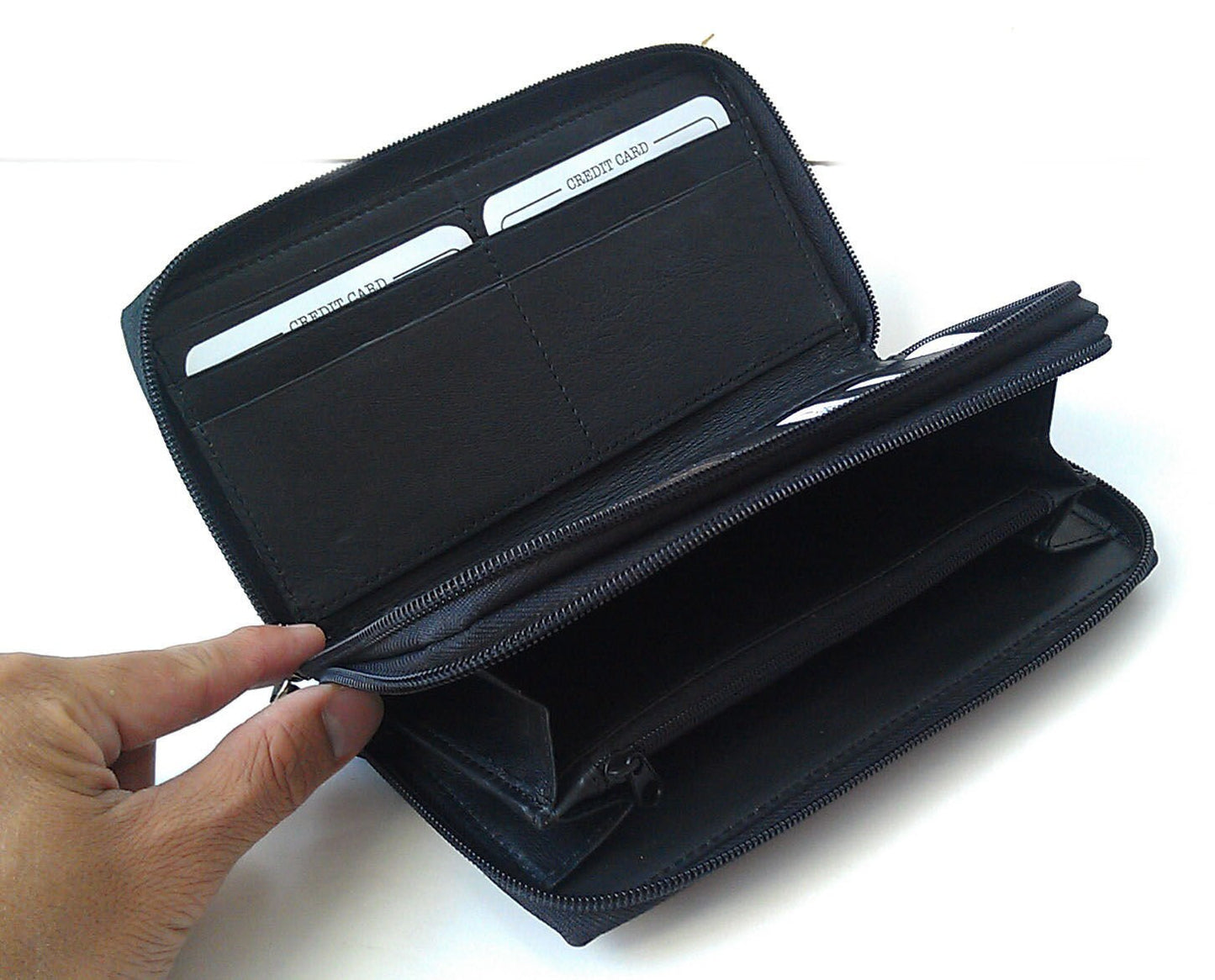 Genuine Leather Checkbook Secretary Wallet 2 Zipper Clutch Credit Card Organizer