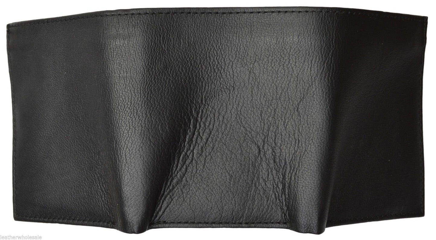 RFID Blocking Black Handcrafted Genuine Leather Mens Trifold Wallet Front Pocket ID badge Holder Flap Top