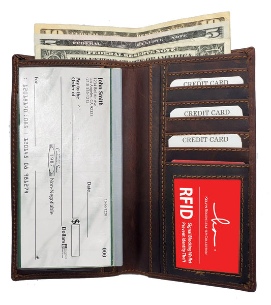 RFID Blocking Brown Hunter Leather Men's Checkbook Wallet Full Grain Cowhide Center Credit Card Cash Slot