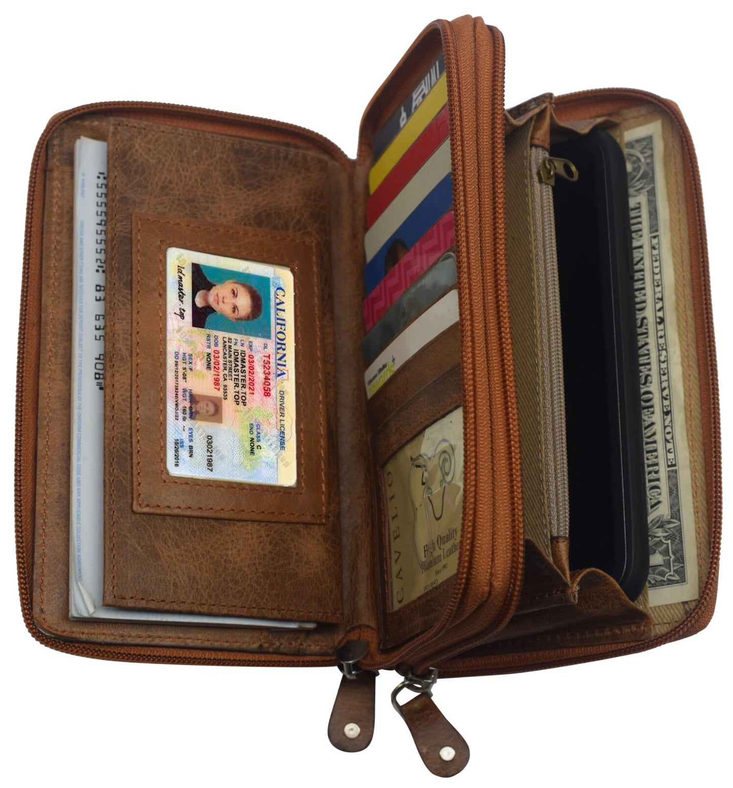 RFID Blocking Premium Leather Checkbook Secretary Accordion Wallet 2 Zipper Clutch Credit Card Organizer Hunter Leather