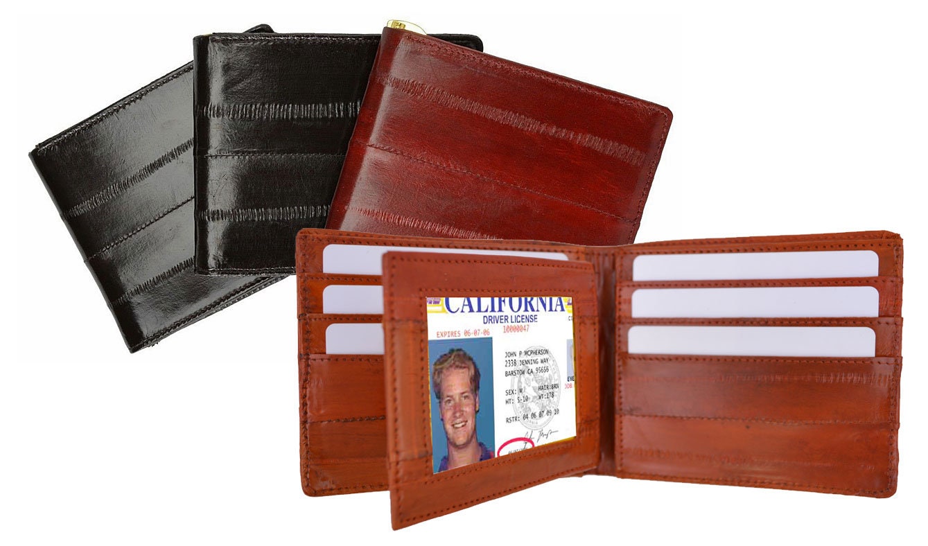Genuine Eel Skin Leather Bifold Wallet Center Flap Credit Business Card  Holder
