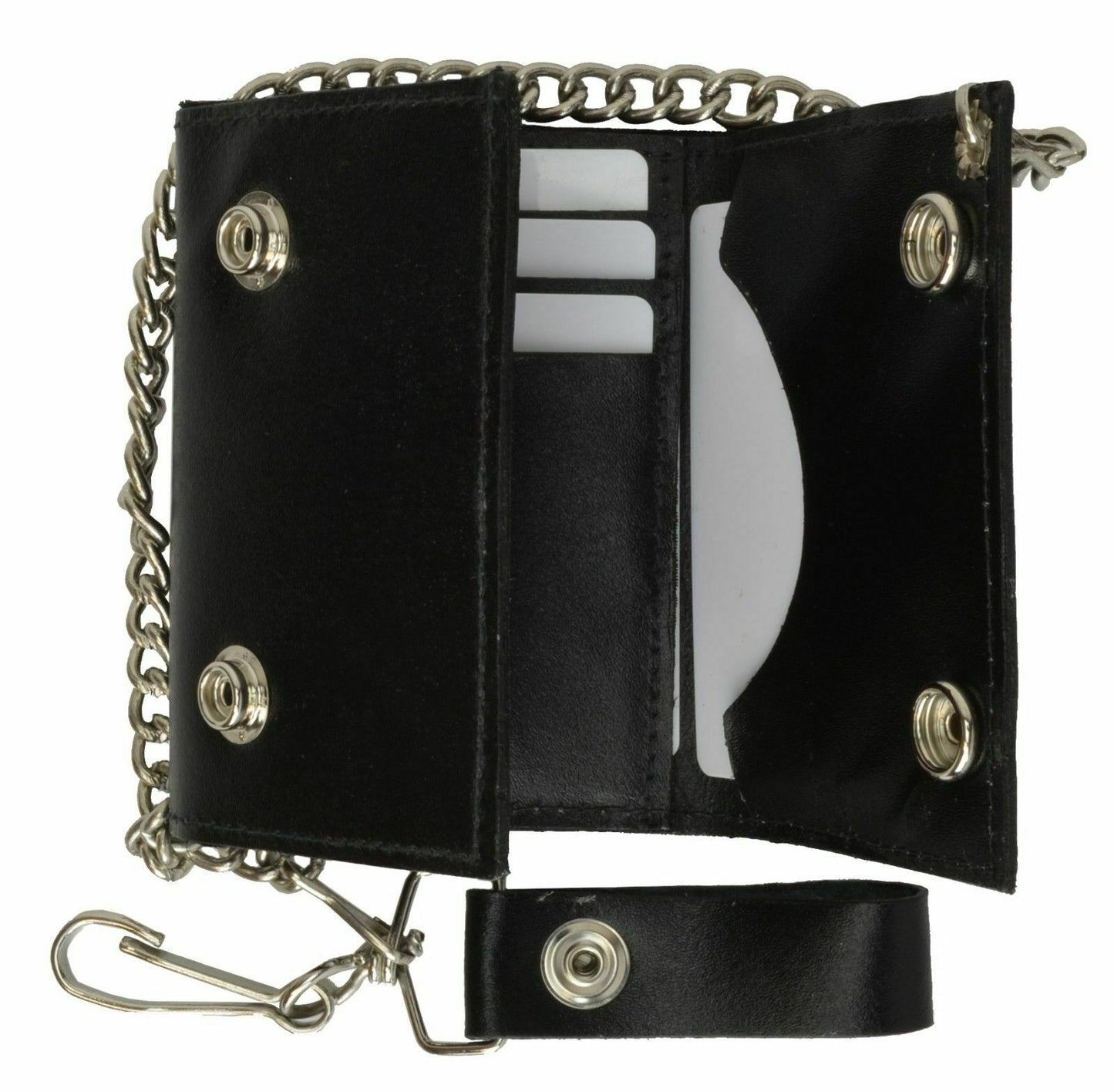 Black Mens Leather Biker's Chain Trifold Wallet Trucker Motorcycle Steel Chain